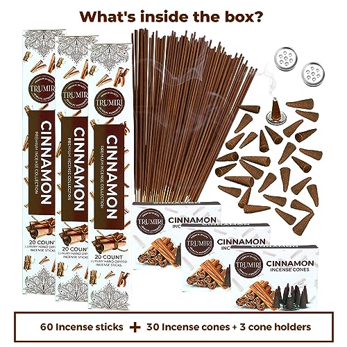 TRUMIRI Cinnamon Incense Sticks & Cones Combo Pack - 60 Sticks + 30 Cones - Cinnamon Scented Incense - color: Cinnamon