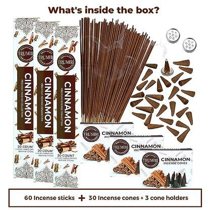 TRUMIRI Cinnamon Incense Sticks & Cones Combo Pack - 60 Sticks + 30 Cones - Cinnamon Scented Incense - color: Cinnamon