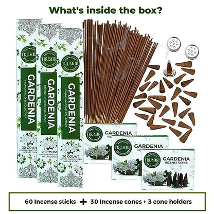 Gardenia Incense Sticks & Incense Cones Combo Pack - 60 Insence-Sticks + 30 Insence Cones - Inscense - Incense Cones Scented - Insents - color: Gardenia