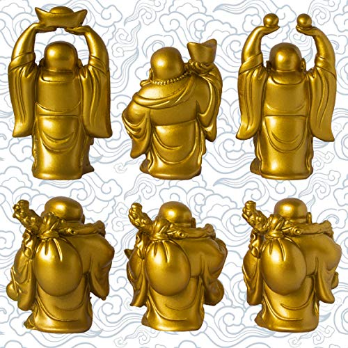 Set of 6 Laughing Happy Buddha Statue Resin Figurines Feng Shui for Luck Wealth Good Gift and Collection (4.5'', Gold) - color: Gold, style: 4.5''