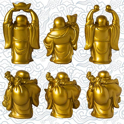 Set of 6 Laughing Happy Buddha Statue Resin Figurines Feng Shui for Luck Wealth Good Gift and Collection (4.5'', Gold) - color: Gold, style: 4.5''