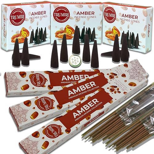 Amber Incense Sticks & Incense Cones Combo Pack - 60 Insence-Sticks + 30 Insence Cones - Inscense - Incense Cones Scented - Insents - color: Amber