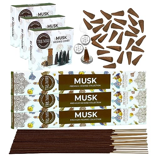 Musk Incense Sticks & Incense Cones Combo Pack - 60 Insence-Sticks + 30 Insence Cones - Inscense - Incense Cones Scented - Insents - color: Musk