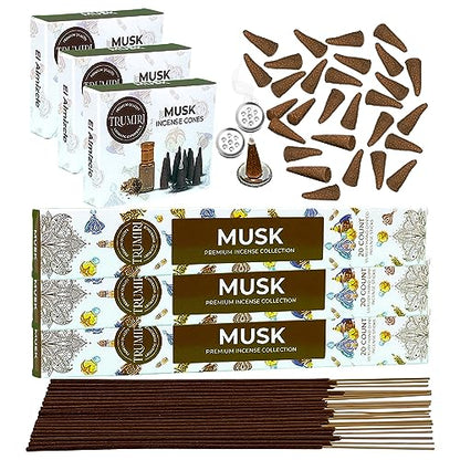 Musk Incense Sticks & Incense Cones Combo Pack - 60 Insence-Sticks + 30 Insence Cones - Inscense - Incense Cones Scented - Insents - color: Musk