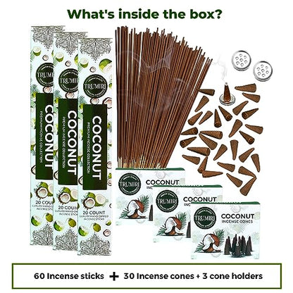 Coconut Incense Sticks & Incense Cones Combo Pack - 60 Insence-Sticks + 30 Insence Cones - Inscense - Incense Cones Scented - Insents - color: Coconut