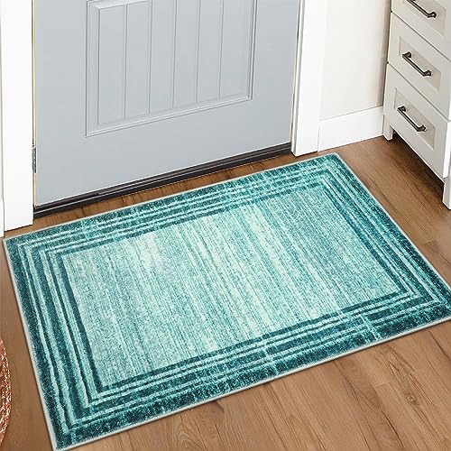 Lahome Amabel Modern Abstract Area Rug, Washable Teal 2x3 Entryway Rugs Non Slip Kitchen Carpet Indoor Front Door Throw Rugs, Minimalist Bordered Bathroom Rug Low-Pile Entry Mats for Bedroom - color: Teal Border/White, size: 2' x 3' (Rectangular)