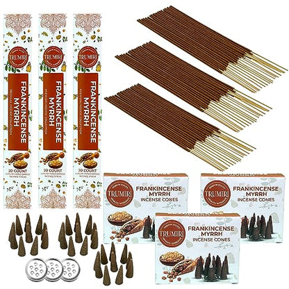 Frankincense Myrrh Scented Incense Sticks & Incense Cones Combo Pack - 60 Insence-Sticks + 30 Insence Cones - Inscense - Incense Cones Scented - Insents - color: Frankincense Myrrh
