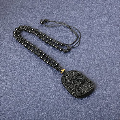 ASGIFT Black Obsidian Necklace Lucky Amulet Protection Pendant with Extended Bead Chain Healing Crystal Stone Talisman Necklaces Jewelry - color: Dragon