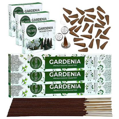 Gardenia Incense Sticks & Incense Cones Combo Pack - 60 Insence-Sticks + 30 Insence Cones - Inscense - Incense Cones Scented - Insents - color: Gardenia