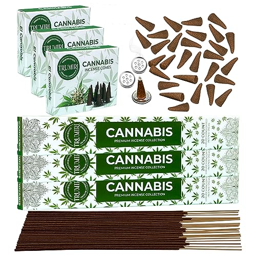 Cannabis Scented Incense Sticks & Incense Cones Combo Pack - 60 Insence-Sticks + 30 Insence Cones - Inscense - Incense Cones Scented - Insents - color: Cannabis