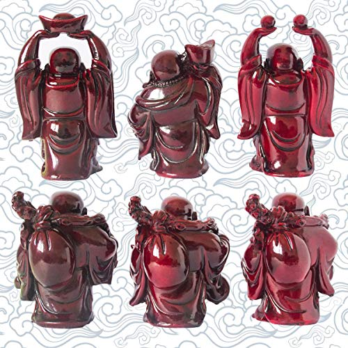 Set of 6 Laughing Happy Buddha Statue Resin Figurines Feng Shui for Luck Wealth Good Gift and Collection (4.5'', Dark red) - color: Dark Red, style: 4.5''