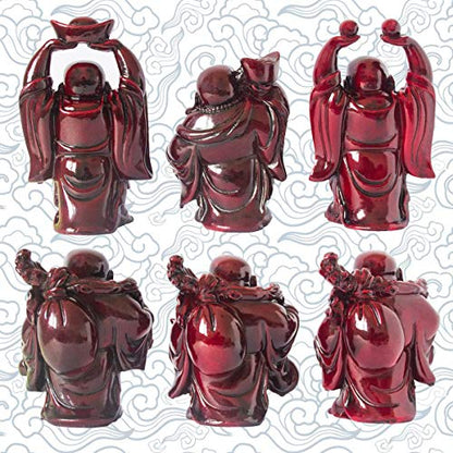 Set of 6 Laughing Happy Buddha Statue Resin Figurines Feng Shui for Luck Wealth Good Gift and Collection (4.5'', Dark red) - color: Dark Red, style: 4.5''