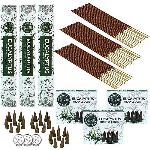 Eucalyptus Incense Sticks & Incense Cones Combo Pack - 60 Insence-Sticks + 30 Insence Cones - Inscense - Incense Cones Scented - Insents - color: Eucalyptus