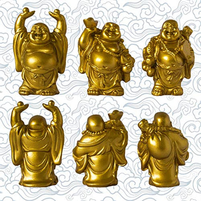 Set of 6 Laughing Happy Buddha Statue Resin Figurines Feng Shui for Luck Wealth Good Gift and Collection (2.5'', Gold) - color: Gold, style: 2.5''