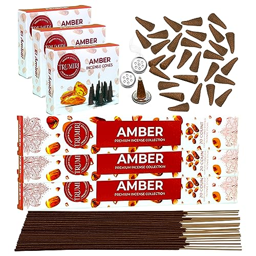 Amber Incense Sticks & Incense Cones Combo Pack - 60 Insence-Sticks + 30 Insence Cones - Inscense - Incense Cones Scented - Insents - color: Amber