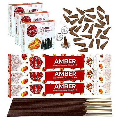 Amber Incense Sticks & Incense Cones Combo Pack - 60 Insence-Sticks + 30 Insence Cones - Inscense - Incense Cones Scented - Insents - color: Amber