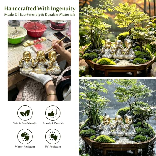 Golden Monks Resin Buddha Statue Small, Meditation Room Feng Shui Decor - color: Golden Three Wise Buddha Statue