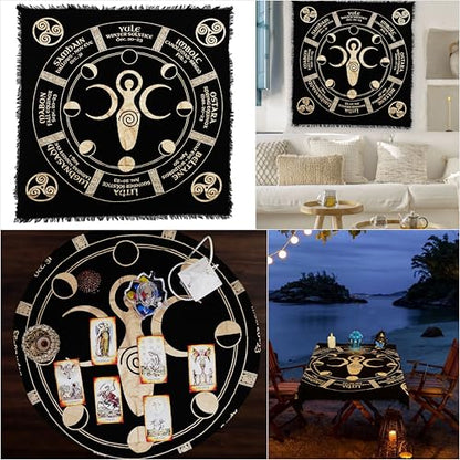 Indian Consigners Triple Moon Goddess Altar Cloth - Celestical Tarot Deck Face Cloth - New to Full Moon Cycle - color: Black-gold, size: 24" x 24" (Square)