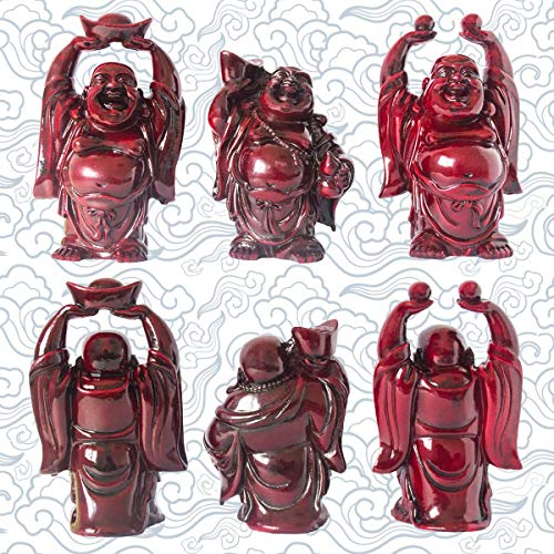 Set of 6 Laughing Happy Buddha Statue Resin Figurines Feng Shui for Luck Wealth Good Gift and Collection (4.5'', Dark red) - color: Dark Red, style: 4.5''
