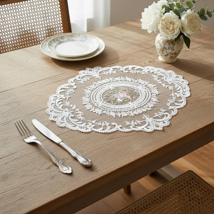 Retro Lace Embroidered Placemats,French Crochet Doilies,Set of 6 - color: White