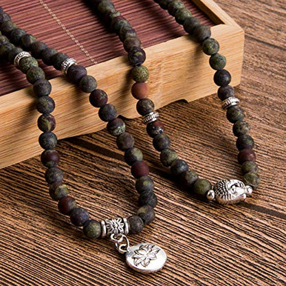 Bivei 108 Mala Beads Necklace Long Beaded Wrap Bracelets Genuine Gemstone Mala Prayer Beads Lotus Buddha Charm Yoga Meditation Necklace - color: Bloodstone-Lotus OM-Buddha
