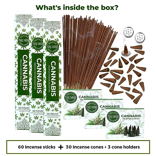 Cannabis Scented Incense Sticks & Incense Cones Combo Pack - 60 Insence-Sticks + 30 Insence Cones - Inscense - Incense Cones Scented - Insents - color: Cannabis
