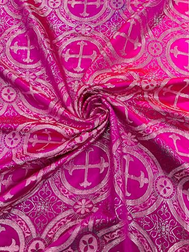 New Creations Fabric & Foam Inc, Square Metallic Cross Brocade Jacquard Satin Table Overlay/Religious Brocade/Liturgical Fabric/Church. (Fuchsia-Silver, 42" x 42" Inches) - color: Fuchsia-silver