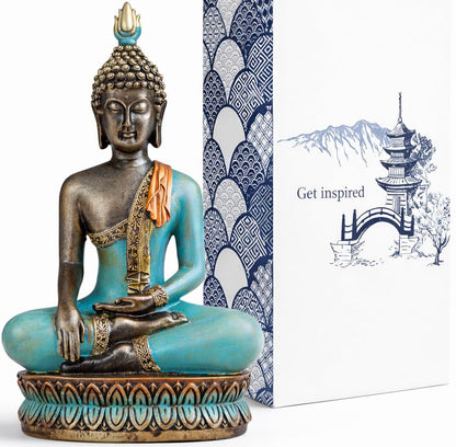 Large 12.5-Inch Polyresin Buddha Statue, Hand-Painted Turquoise & Gold - color: Turquoise and Gold