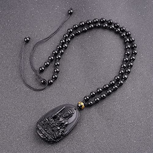 ASGIFT Black Obsidian Necklace Lucky Amulet Protection Pendant with Extended Bead Chain Healing Crystal Stone Talisman Necklaces Jewelry - color: Manjusri