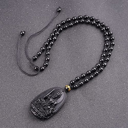 ASGIFT Black Obsidian Necklace Lucky Amulet Protection Pendant with Extended Bead Chain Healing Crystal Stone Talisman Necklaces Jewelry - color: Manjusri
