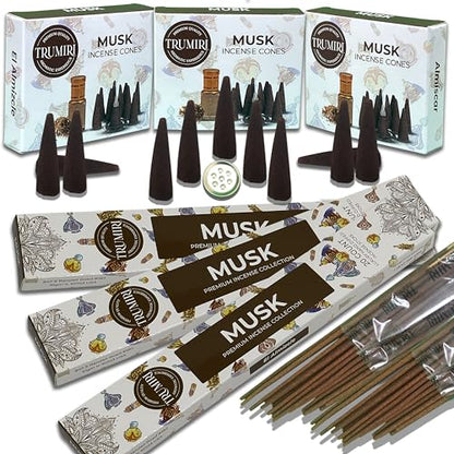 Musk Incense Sticks & Incense Cones Combo Pack - 60 Insence-Sticks + 30 Insence Cones - Inscense - Incense Cones Scented - Insents - color: Musk