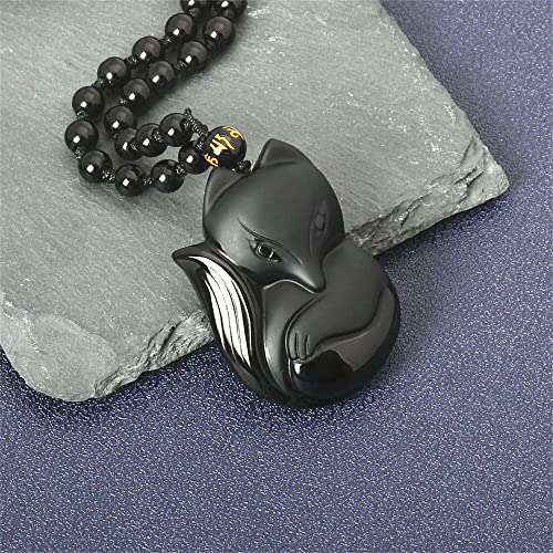 ASGIFT Black Obsidian Necklace Lucky Amulet Protection Pendant with Extended Bead Chain Healing Crystal Stone Talisman Necklaces Jewelry - color: Fox-S