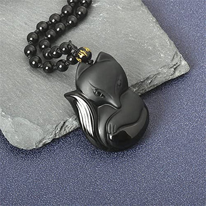 ASGIFT Black Obsidian Necklace Lucky Amulet Protection Pendant with Extended Bead Chain Healing Crystal Stone Talisman Necklaces Jewelry - color: Fox-S