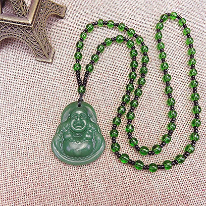 FORUBUS Green Jade Buddha Circle Red String Pendant Necklace - Chinese Traditional Amulet for Luck and Protection - color: B green buddha beads