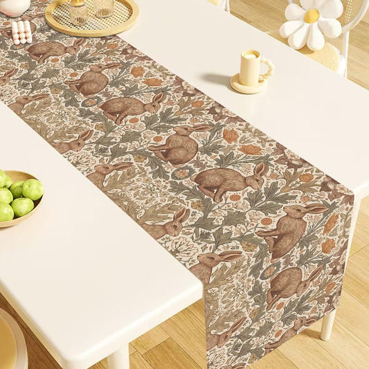 William Morris Style Rabbit Table Runner, Vintage Botanical Floral Design Waterproof Linen Table Runner for Dining Table, Cottage Core Nature Woodland Decor, 13x36 Inch - color: Beige Brown Rabbit Botanical, size: 13x36inch